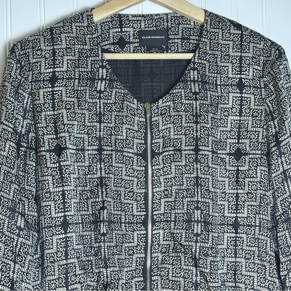Club Monaco Geometric Black and Gray Bomber Jacket Front Zipper Sz M 100% Silk - Picture 3 of 11